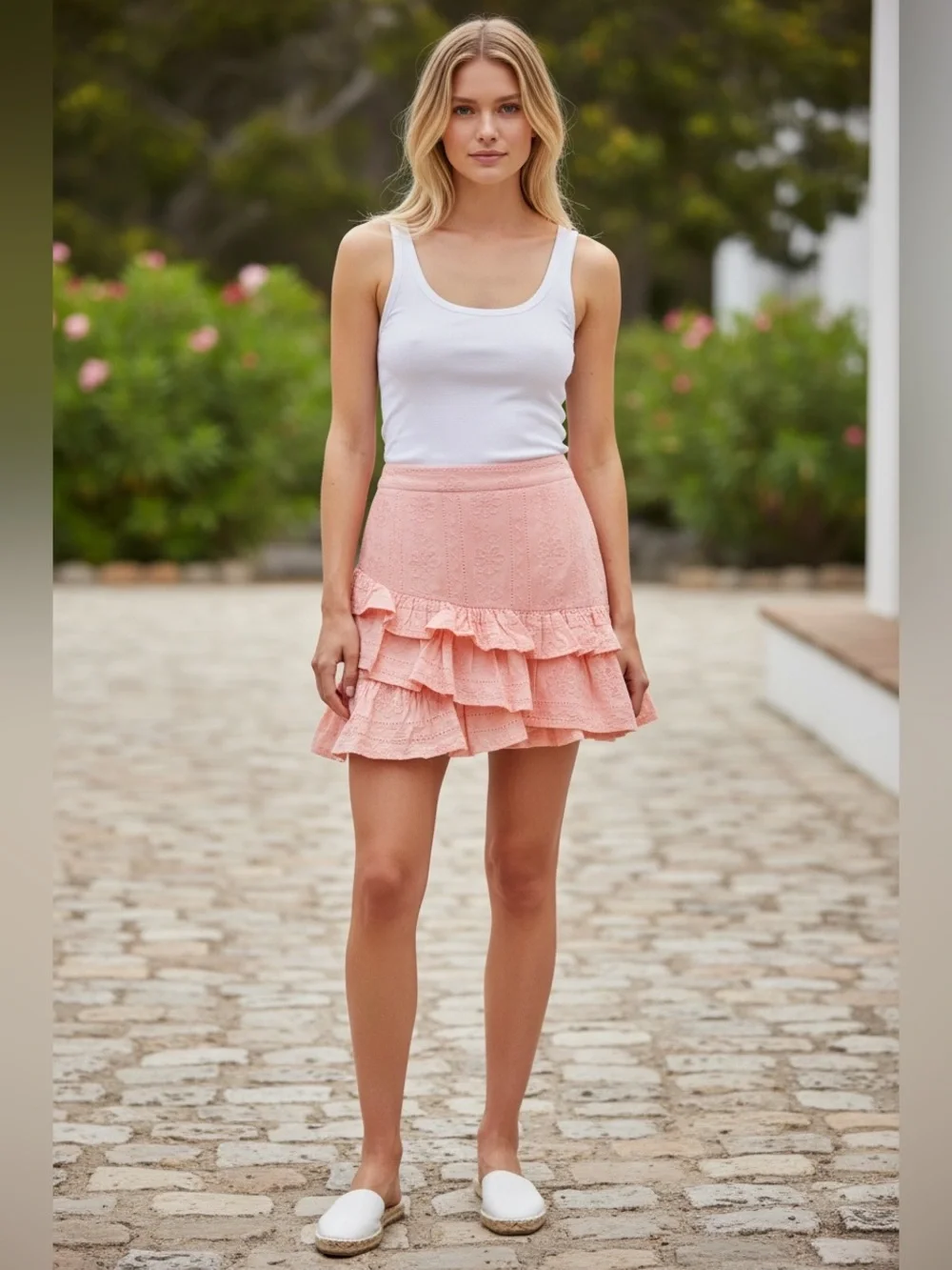 Tiered Eyelet Ruffle Mini Skirt — Pink